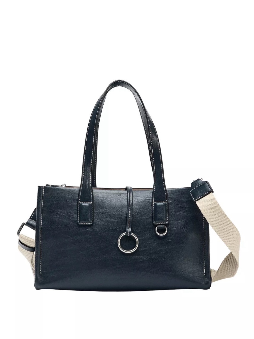 Zara Navy Shopper Bag with Striped Pouch